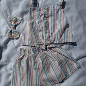 btween Pastel Striped Two-Piece Set with Bow